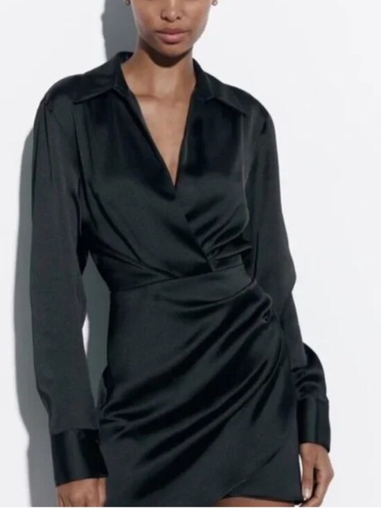 Zara Satin Effect Black Long Sleeve Mini dress Size Small - Picture 2 of 7